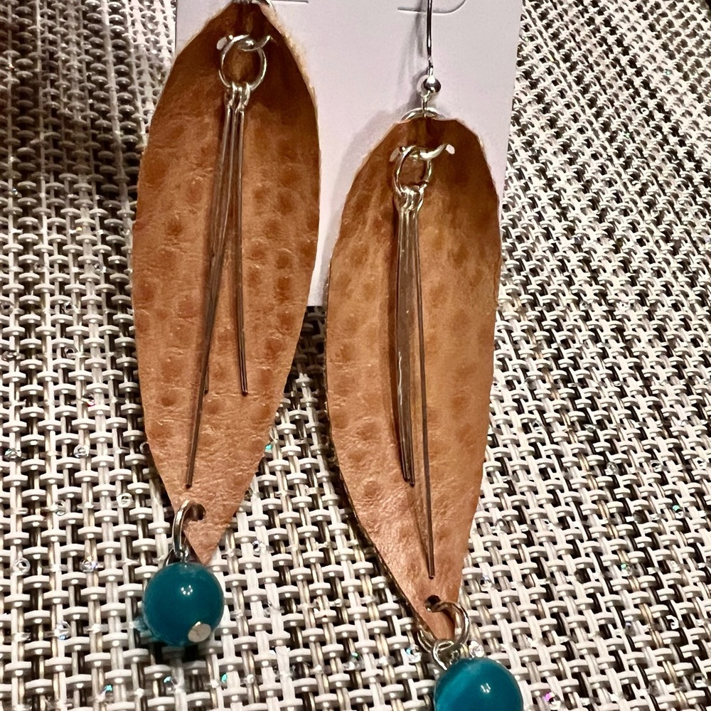 New Vegan Leather Hand made Leaf Earrings with Turquoise Gemstones.